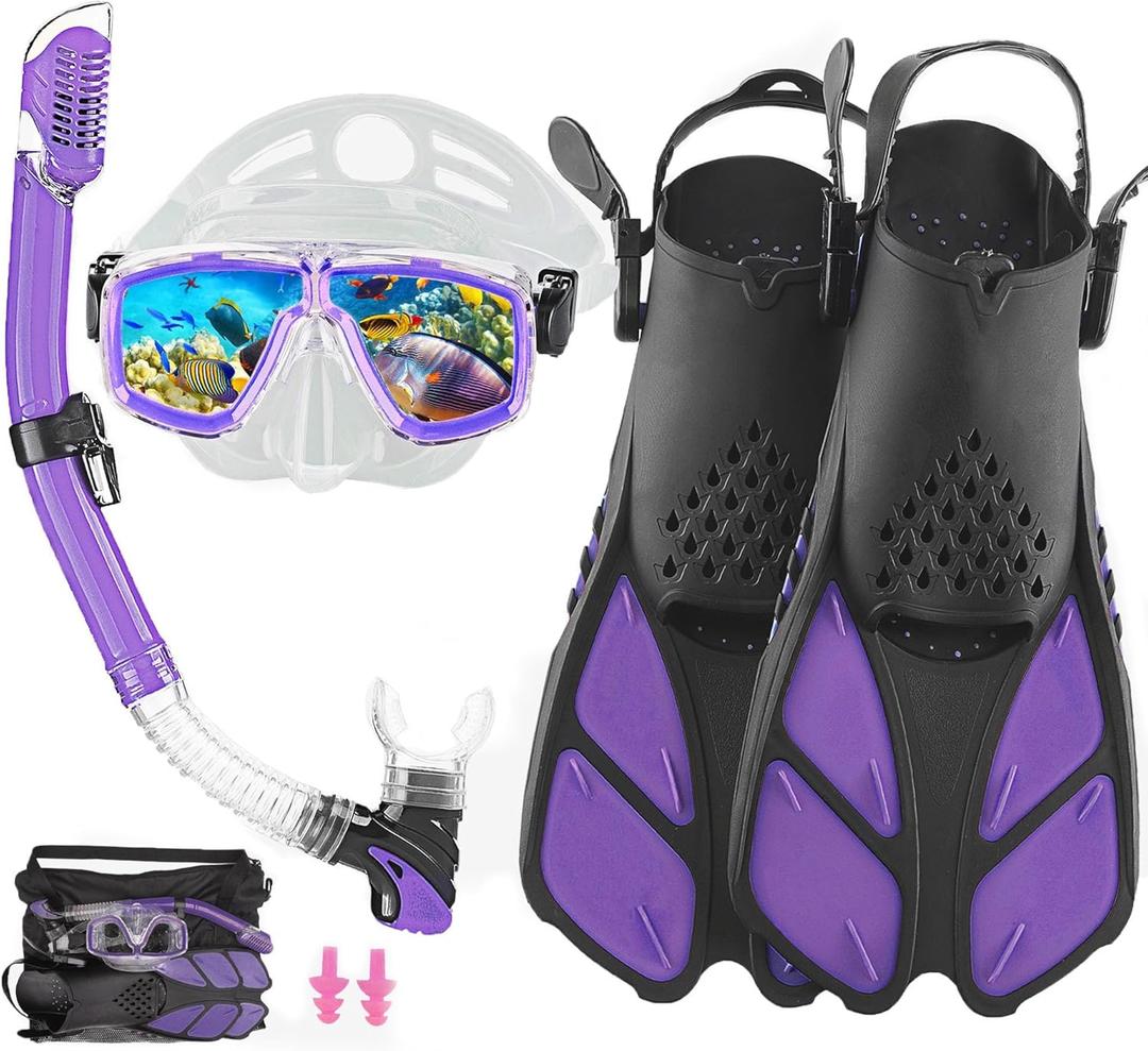 Snorkeling Gear for Adults with Fins Scuba Diving Gear Adult Professional Travel Snorkel Sets with Flippers,Anti-Fog Anti-Leak Diving Mask (US Men 9-13 | US Lady 10-14, Purple)