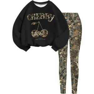 Girl's 2 Piece Camo Graphic Outfits Long Sleeve Crewneck Sweatshirt and Leggings Y2K Cute Streetwear (Black)