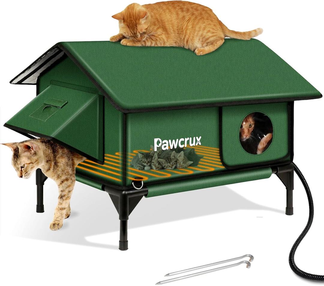 100% Waterproof Heated Cat House for Outdoor Cat with Safe Escape Door, Cat Bed Weatherproof Cat Shelter Kitty with Cat Heating Pad, Insulated Warm House for Feral Cat(Green, 24.1"x16.1"x20.3")
