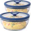 Anyday 2-Pack (2-Cup) Glass Microwave Egg Cooker - BPA Free & Plastic Free Microwave Egg Poacher - Meal Prep & Cookware | Stackable Nontoxic Storage Container with Vented Lid (Clear - Blueberry)