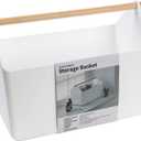 BLUE GINKGO Large Storage Basket  Plastic Caddy with Wooden Handle for Bathroom, Pantry, or Cleaning Supplies (White)