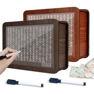 2025 New Wooden Money Saving Challenge Box, Pack of 2 Cash Vault Wooden Savings Box, Adults Money Box with Counter for Savings Goal $10000 Best Gift for Friends(Brown + Black)