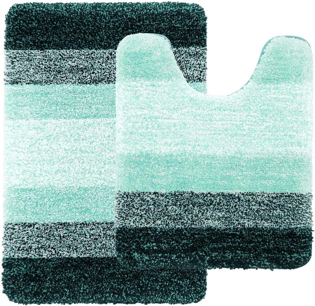 Arotive Microfiber Bathroom Rugs and Toilet Rugs U-Shaped, Bath Rug Size 24x16 and Toilet Rugs Size 24x20 in Dark Green, 2 Item Bundle