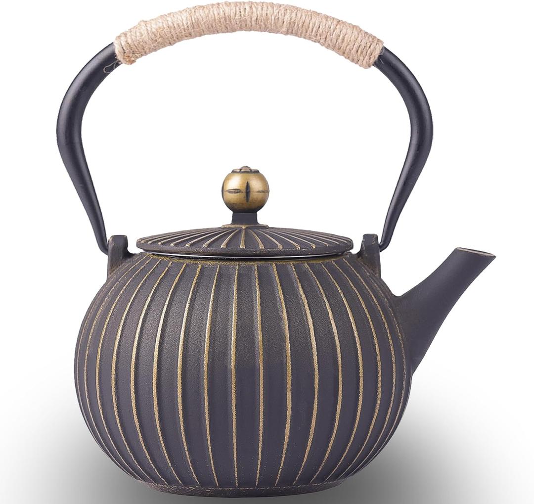 Cast Iron Teapot - Japanese Tetsubin 34oz (1000ml) Enamel Coated Interior with Removable Stainless Steel Infuser, Stovetop Safe Tea Kettle for Tea Ceremony, Black Gold