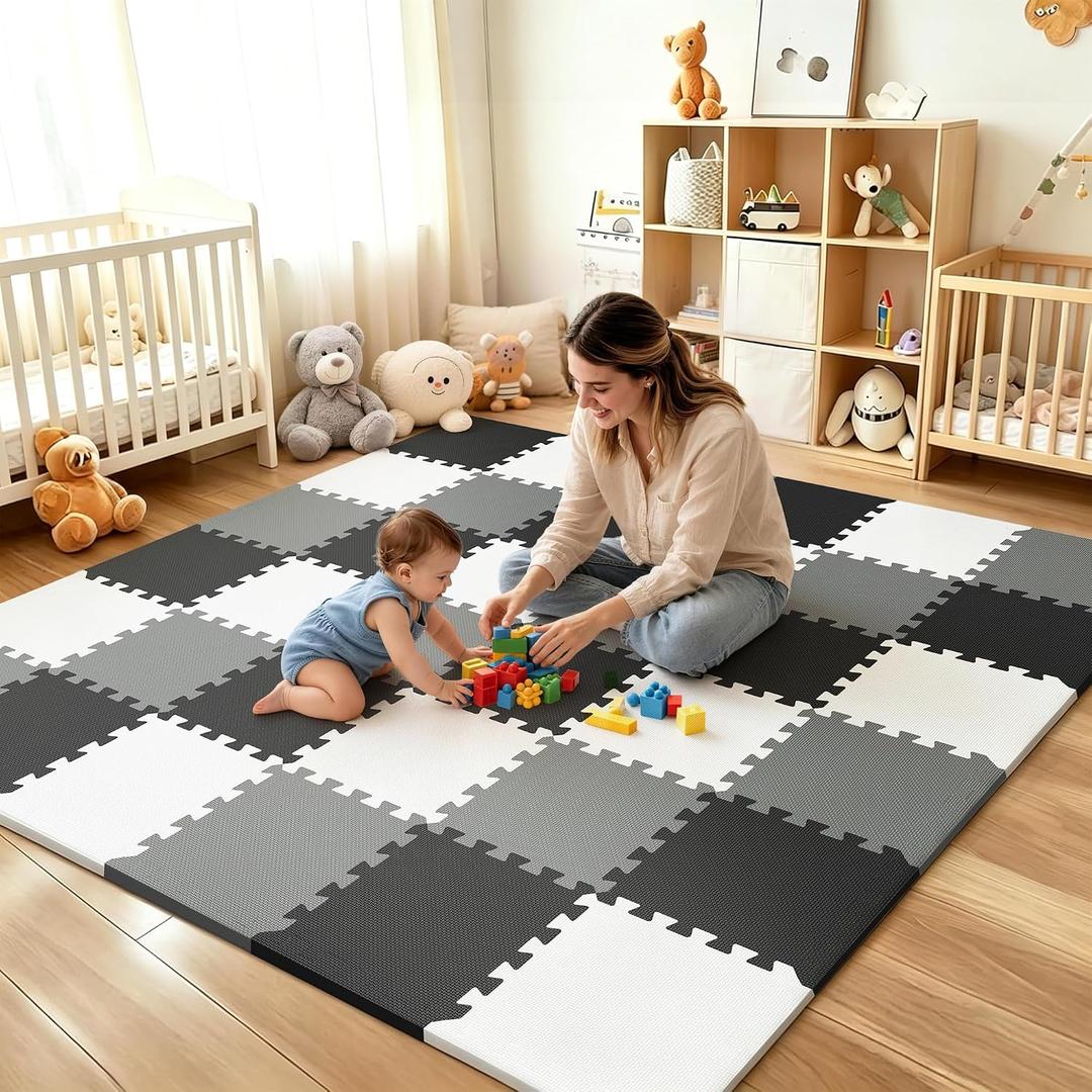 PIGLOG Baby Play Mat For Floor, Soft Foam Floor Tiles for Kids, Adjustable Interlocking Foam Tiles, Fit with 74x74 Playpen Baby Mat for Crawling & Play, Safe & Non-Toxic PlayMat for Babies 6-12 Months, 36 PCS