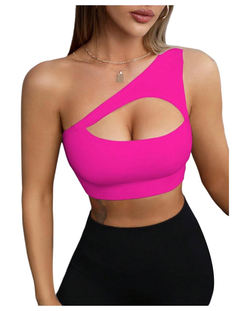 SHENHE Women's One Shoulder Cut Out Sports Bra Workout Gym Yoga Crop Tops Hot Pink, Medium