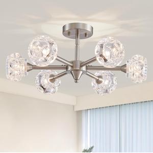 XINGQI 23" Modern Sputnik Chandelier 6-Light Semi Flush Mount Ceiling Light Fixture Brushed Nickel Ceiling Lighting for Bedroom Entryway Dining Room Living Room Kitchen