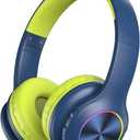 Kids Bluetooth 6.0 Headphones with LED Light, 85Hours Playtimes, Type-C Fast Charging, 85/94dB Volume Limited, Wireless Headphones with Built-in Mic, Wired & TF Card Mode, Blue and Green