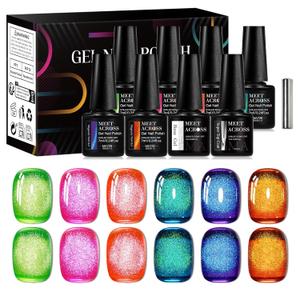 MEET ACROSS 9Pcs Neon Cat Eye Gel Nail Polish Set 6 Colors Cat Magnetic Eye Gel Nail Polish Orange Blue Green Rose Crystal Gel Polish with Magnet Manicure Gift for Women