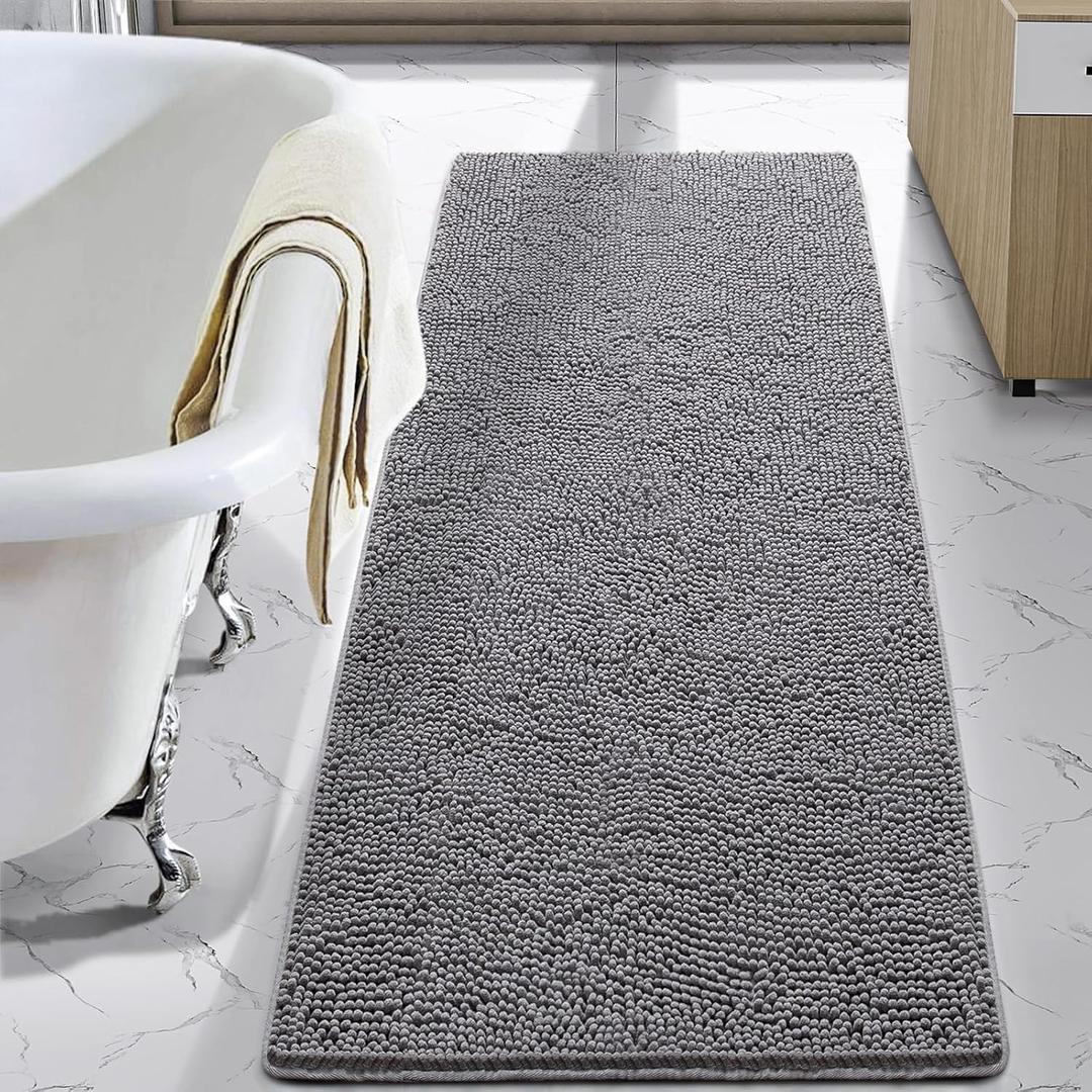 LOCHAS Luxury Bathroom Rug Shaggy Bath Mat 24 x 70 Inch, Washable Non Slip Bath Rugs for Bathroom Shower, Soft Plush Chenille Absorbent Carpets Mats, Gray, 2' X 5'10"