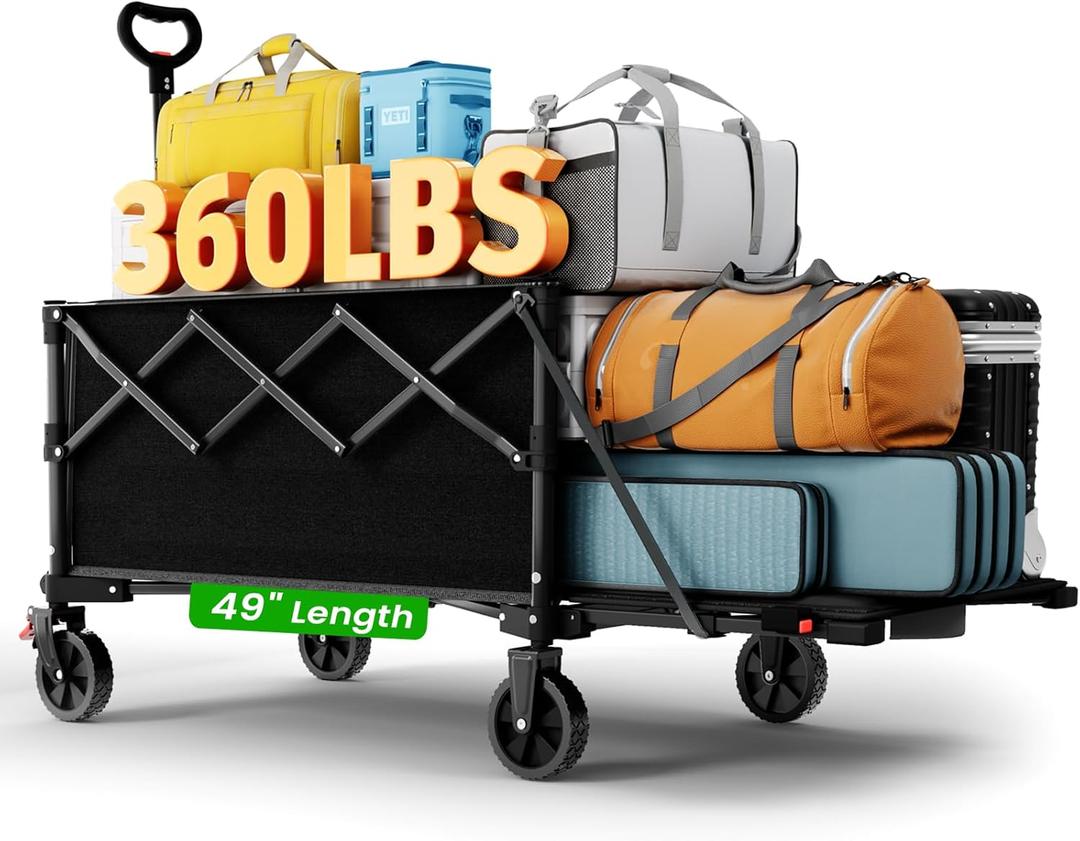 Extra Large Foldable Wagons Extended, 250L Collapsible Wagon with Tailgate, 49L Folding Wagons with Brakes, Grocery Wagon, Utility Cart for Sports, Shopping, and Camping, Black