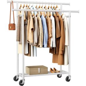 HYSEYY Clothes Rack, Double Rods Rolling Clothing Rack for Hanging Clothes, Portable Garment Rack with Wheels, Coat Rack Wardrobe Closet Load 240 LBS for Bedroom Laundry Room (White, L)