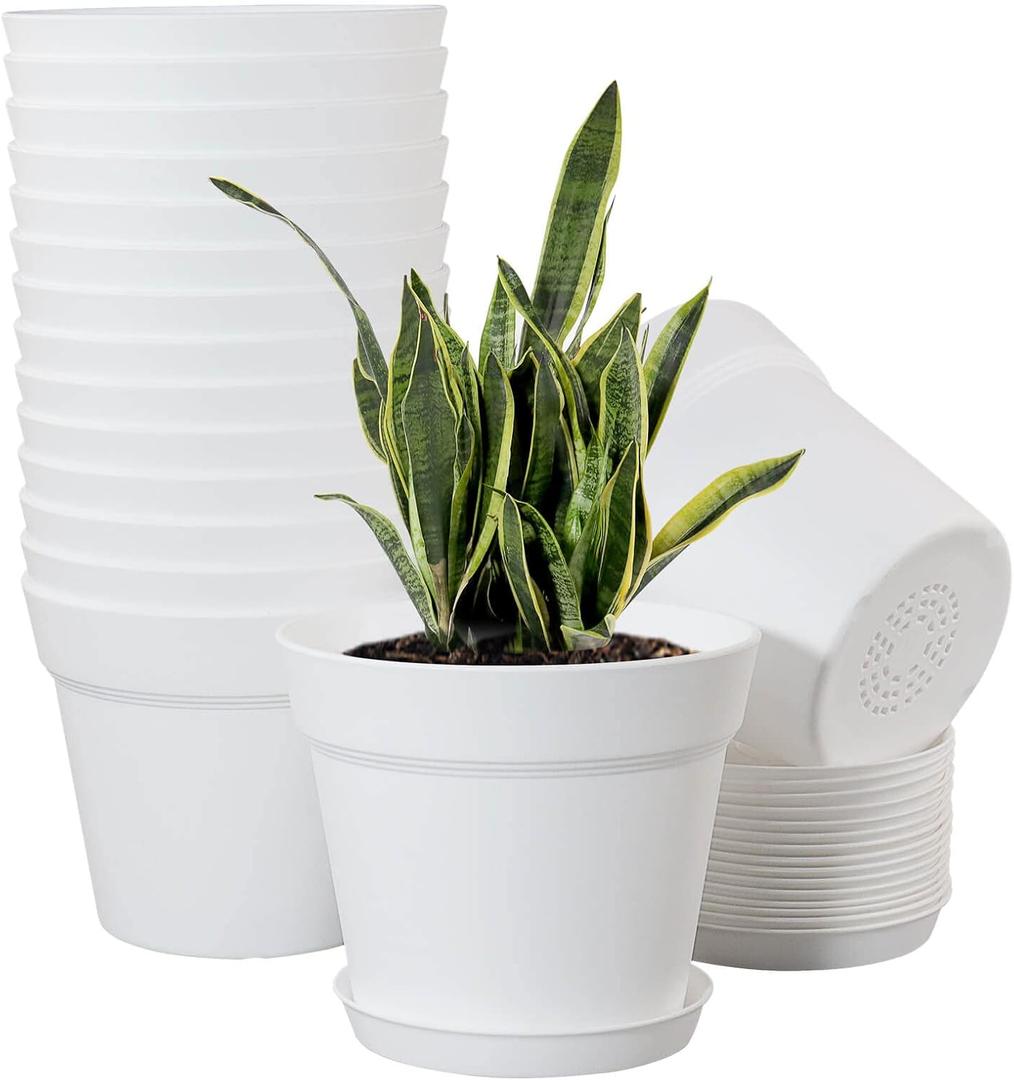 WOUSIWER 16 Pack 6-inch Plastic Planters for Indoor Flower Pots, Heavy Duty and Stylish 6 Inch Plant Pots for Indoor Plants with Drainage Holes and Tray for Plants, Flowers, White