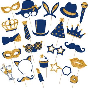 Zonon 24 Pcs Funny Photo Booth Props Class of 2026 Graduation Birthday Wedding Family Class Reunion Prom Disco Party Celebration Decoration Supplies Mix of Hats, Lipstick, Tie(Gold and Navy Blue)