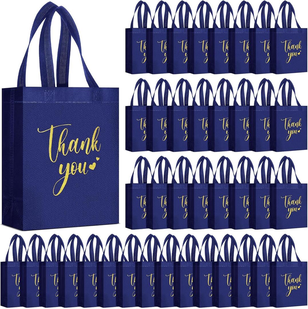 50 Pcs Thank You Gift Bags with Handles Bulk Reusable Non Woven Bags Bridesmaid Souvenir Handbags for Wedding Easter Graduation Sorority Birthday(10 x 8 x 4 Inch,Navy Blue)