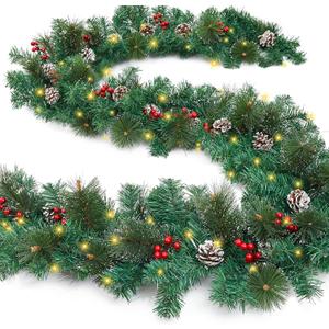 9 ft Pre-lit Christmas Garland Decoration with 50 Warm Lights, Battery Operated Waterproof Artificial Bushy Xmas Garlands, Lighted Bendable Christmas Garland with Timer, Indoor/ Outdoor/ Home/ Fireplace
