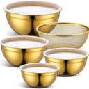 Gold Mixing Bowls with Airtight Lids Stainless Steel Mixing Bowl Set of 5, 4 Metal Nesting Organizers 4 in 1 Colander Non-slip Bottom Size 1.5, 2.0, 2.5, 4.0 Qt for Baking Serving Food