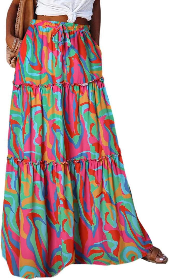 Happy Sailed Womens Floral Print Boho Maxi Skirt Elastic High Waist Pleated Ruffle Flowy Long Skirts S-XL (S)