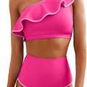 Herseas Women's One Shoulder Bikini Sets Color Block Trim Ruffle Hem Swimsuits Elegant Bathing Suits (Pink, M)