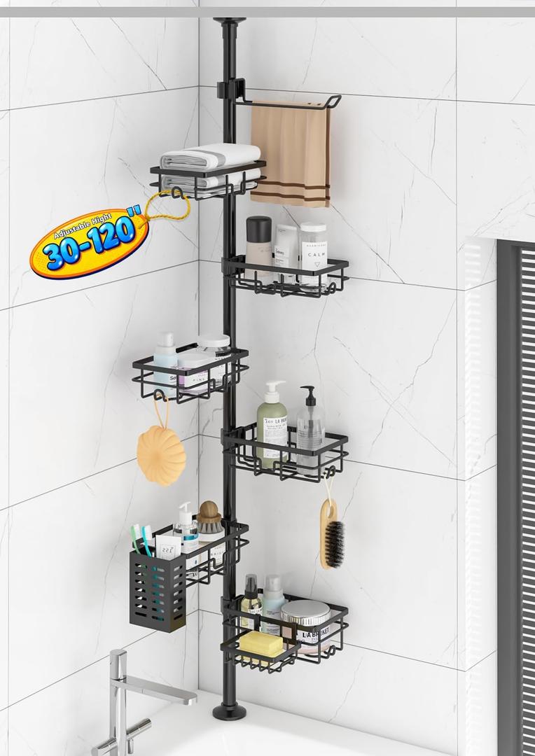 Corner Shower Caddy Organizer Tension Pole, Adjustable 6 Shower Shelves Corner Shelf 30-120Inch Rustproof Shower Rack for Inside Shower, Extra Towel Bar Soap Dish Bathroom Organizers and Storage Black