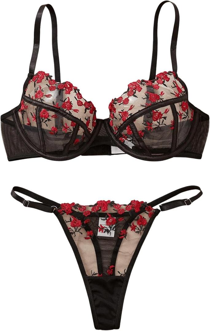 GORGLITTER Women's Floral Embroidered Lingerie Mesh Underwire Push Up Bra and Panty Set Black Red Flower Large