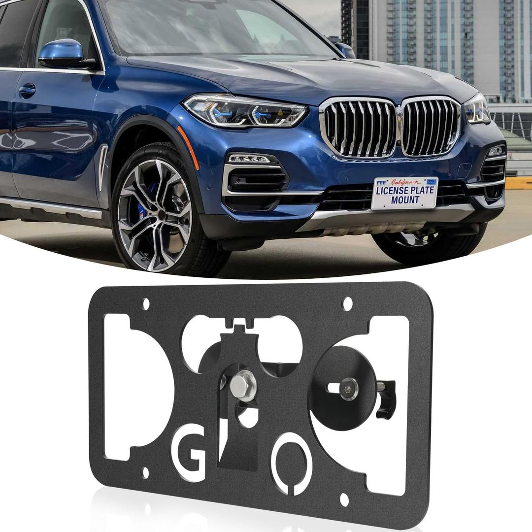 Front Bumper Tow Hook License Plate Mount Bracket Compatible with BMW X5 2019-2025, No Drill Plate Holder, Replacement Frames with Accessories Kit