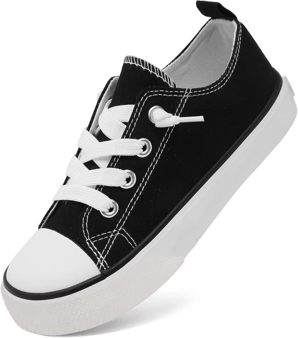 Toddler Little Kid Cushioned Canvas Shoes Slip On Sneakers Soft and Durable (Black White, 10 Toddler)