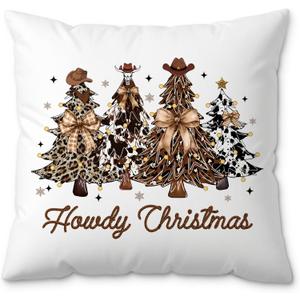 Western Christmas Tree Pillow Covers 18x18, Cowgirl Room Decor, Coquette Bow Cowhide Xmas Tree Holiday Decorative Pillow Covers for Couch Sofa Bedroom Living Room Home (Style01)