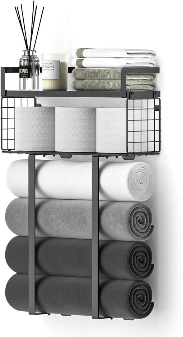 Towel Racks for Bathroom, Metal Towel Holder with Storage Basket,Wall Towel Rack for Rolled Towels, Towel Storage for Small Bathroom,Black (Large)