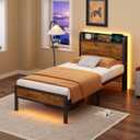 Twin Bed Frame with Charging Station and LED Lights,Heavy Duty Platform Beds Twin Size with Storage Headboard,USB Port,Rustic Wood and Strong Metal Support,No Box Spring Needed, Noise Free