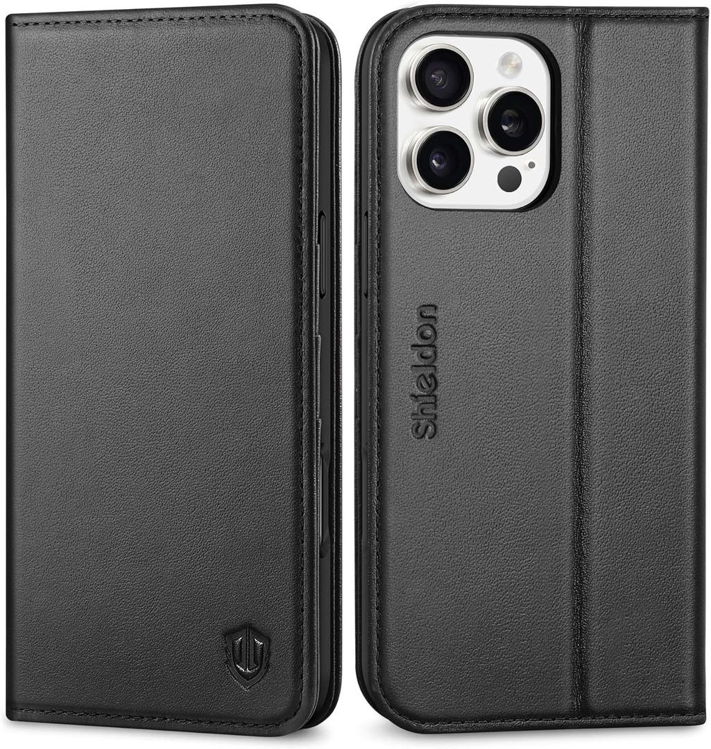 SHIELDON Wallet Case for iPhone 16 Pro Max 6.9", Genuine Leather Flip Cover with [Kickstand] [RFID Blocking Card Holder] [Magnetic] Shock-Absorbent Case Compatible with iPhone 16 Pro Max - Black