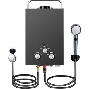 Outdoor Tankless Propane Water Heater 1.58GPM 6L Portable Gas Water Heater with Handle & Overheating Protection, Instant Hot Water for Camping RV Cabin Boat Barn - Black