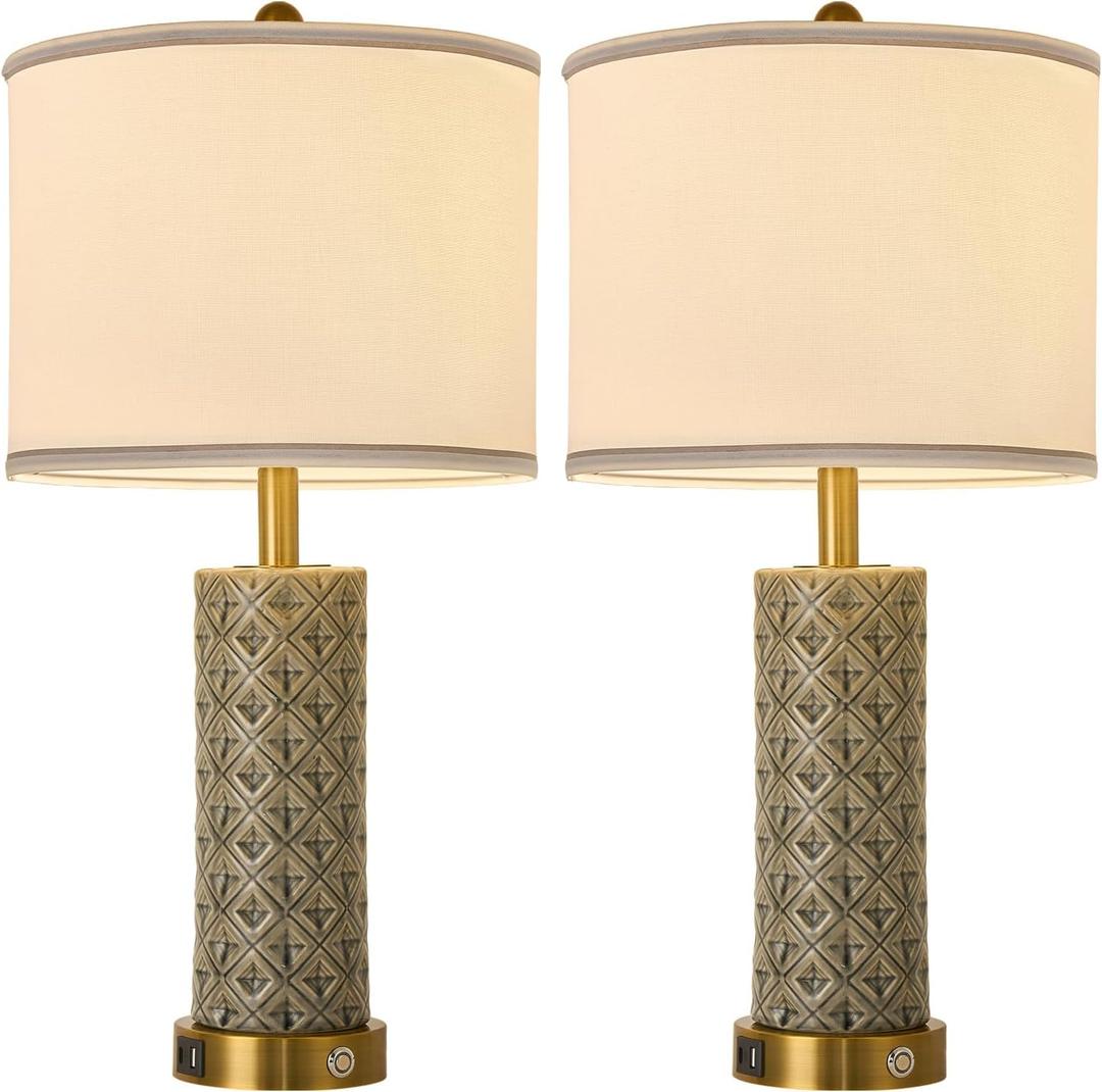 Set of 2 Table Lamp for Living Room Bedroom Farmhouse,26'' Touch Control Bedroom Smoke Grey Ceramic Lamps 3-Way Dimmable Bedside Lamps with USB A+C Ports Linen Shade for Home