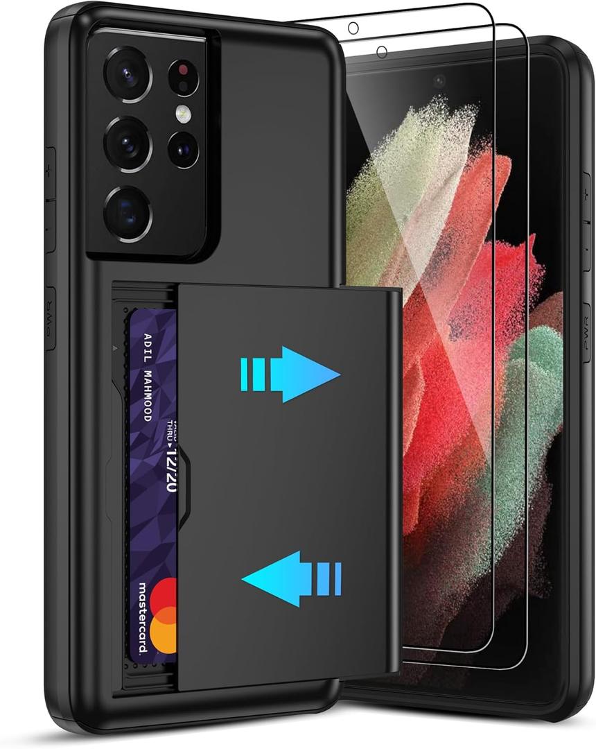 Pilaru for Samsung Galaxy S21 Ultra Case with Card Holder and (2 Pcs) HD Screen Protector, Slim Heavy Duty Dual Layer Shockproof Design & Hidden Card Slot Wallet Case for S21 Ultra-Black