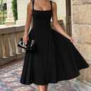 Mieazom Women's Summer Mock Knot Front Maxi Dress Sleeveless Square Neck Corset Ruched Waist Emipre Flowly Casual Dresses, Small, Black