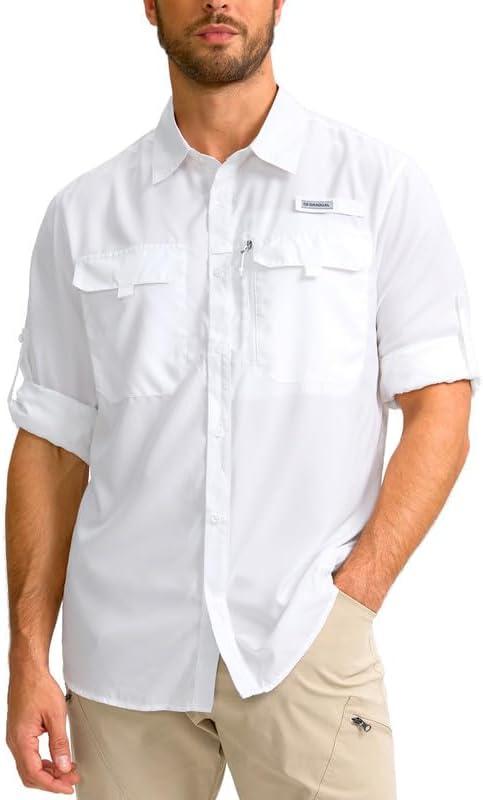 Men's Sun Protection Fishing Shirt with Zipper Pockets Long Sleeve UPF 50+ UV Cooling Shirts for Men Hiking Travel (White, XXXL)