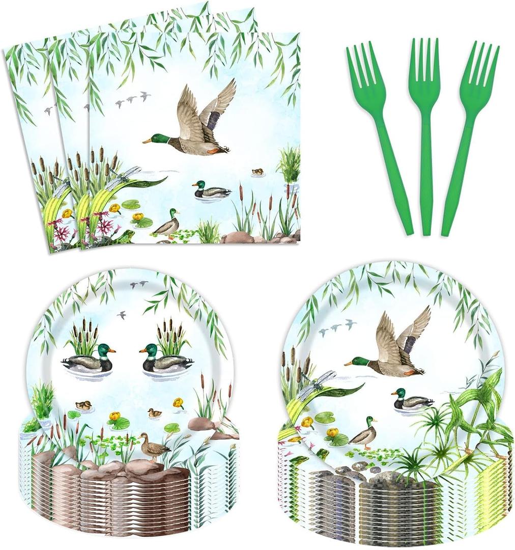 96 Pcs Mallard Duck Party Plates and Napkins Party Supplies One Lucky Duck Tableware Set Duck Hunting Birthday Party Decorations Favors for Duck Hunter Baby Shower Serves 24