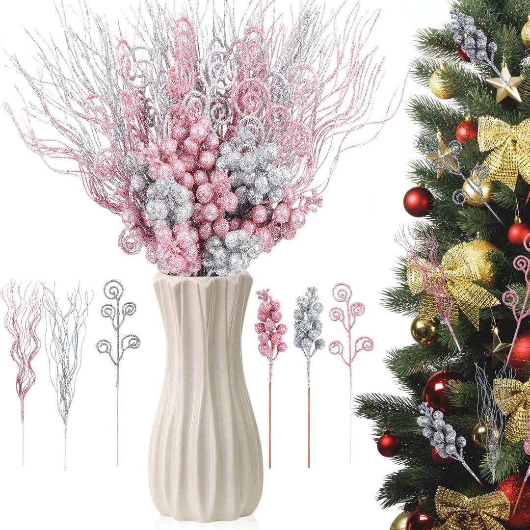 Shinymoon 72 Pcs Silver Pink Christmas Tree Picks and Sprays Decorations 17'' 12'' 8.6'' Artificial Glitter Christmas Flower Berry Branches Stems for Xmas Tree Wreath Vase Filler Holiday Decor