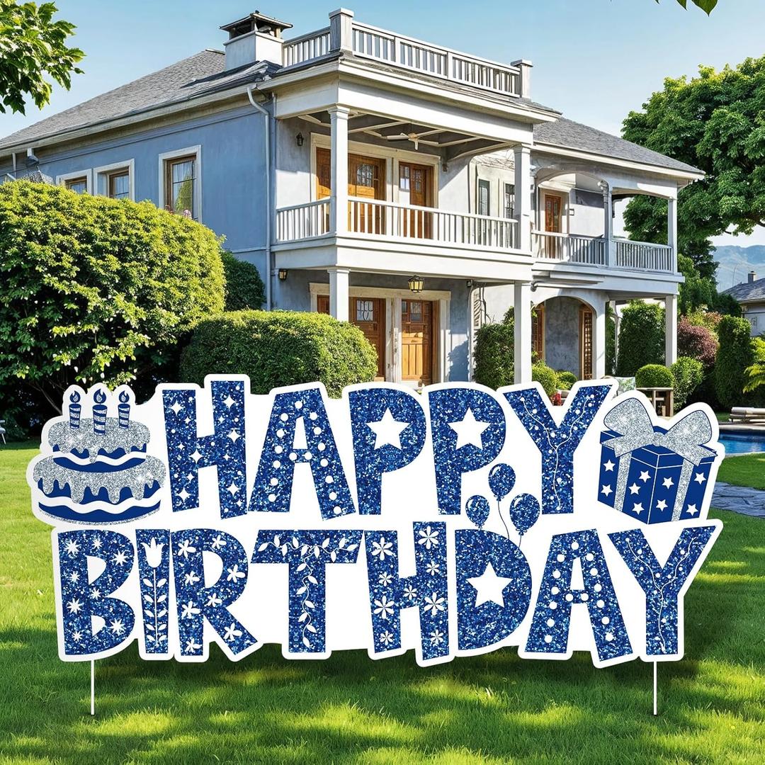 Large Happy Birthday Yard Sign with Stakes, Blue Decorations Outdoor Lawn Garden Signs for Men Women Boys Girls Kids Birthday Party Supplies Decor Outdoor Indoor Front Yard 37 Inches