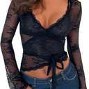 Women's Y2K Long Sleeve Sheer Mesh Top Deep V Neck Embroidery Floral Lace Top Sexy See Through Going Out Crop Tops (Medium, Black)