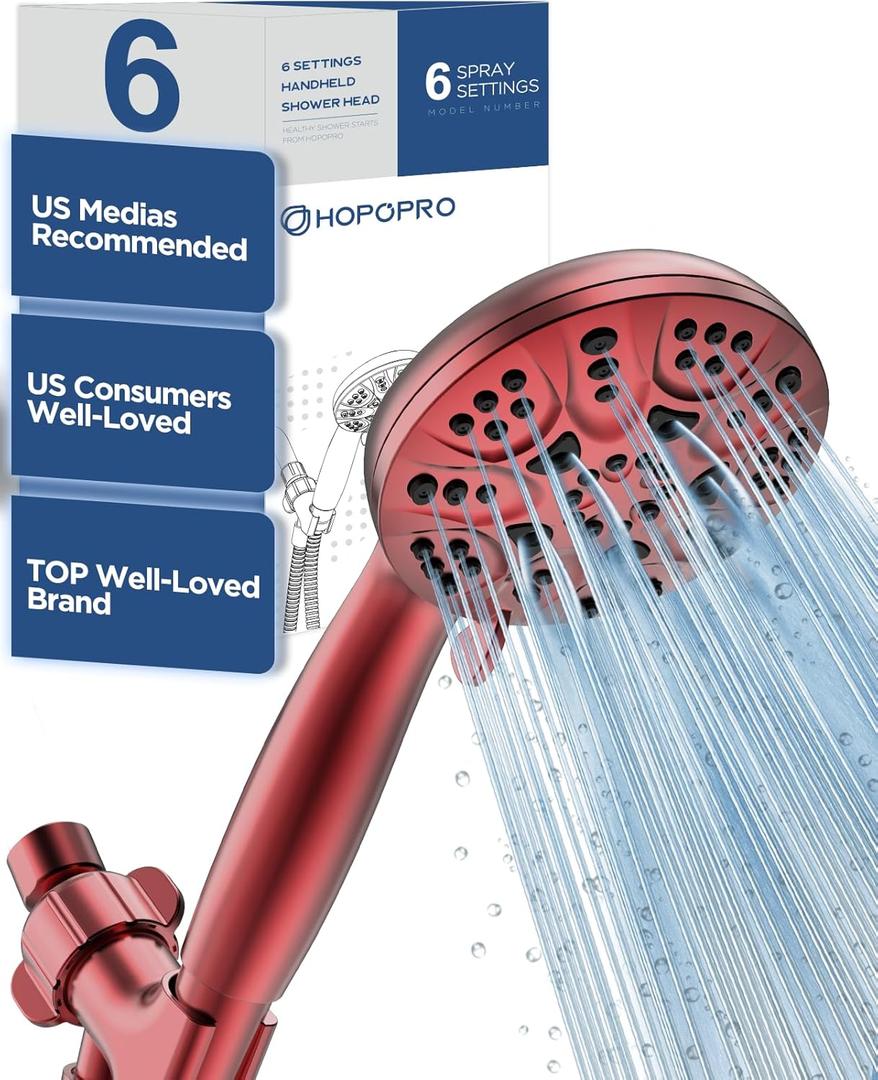 6-Mode High Pressure Handheld Shower Head Set, Consumer Reports Recommended HOPOPRO High Flow Hand Held Showerhead with 59 Inch Hose Bracket Teflon Tape Rubber Washers (Red)