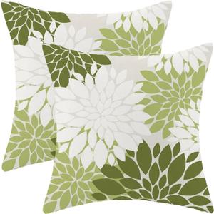 CXMEIFLY Sage Green White Summer Outdoor Pillow Covers 18x18 Inch Set of 2 Olive Green Dahlia Floral Decor Throw Pillows Modern Geometry Flower Decorative Cushion Cases for Sofa Couch Bed Decorations