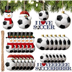 Karenhi 24 Pcs Christmas Soccer Ball Ornament Wooden Soccer Snowman Ornament Wood Ball Christmas Tree Ornaments Wood Cutouts Decorative Hanging Ornaments for Xmas Holiday Party Decoration