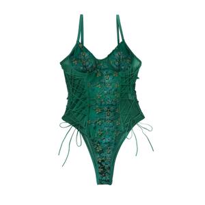 Lilosy Women Sexy Lace Up Floral Embroidered Teddy Lingerie Bodysuit Top Mesh Sheer One Piece L