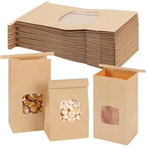 Moretoes 100pcs Small Bakery Cookie Bags with Window, Brown Kraft Paper Bags for Homemade Bread Cookie, 3.5x2.2x6.7in Tin Tie Tab (Mini)