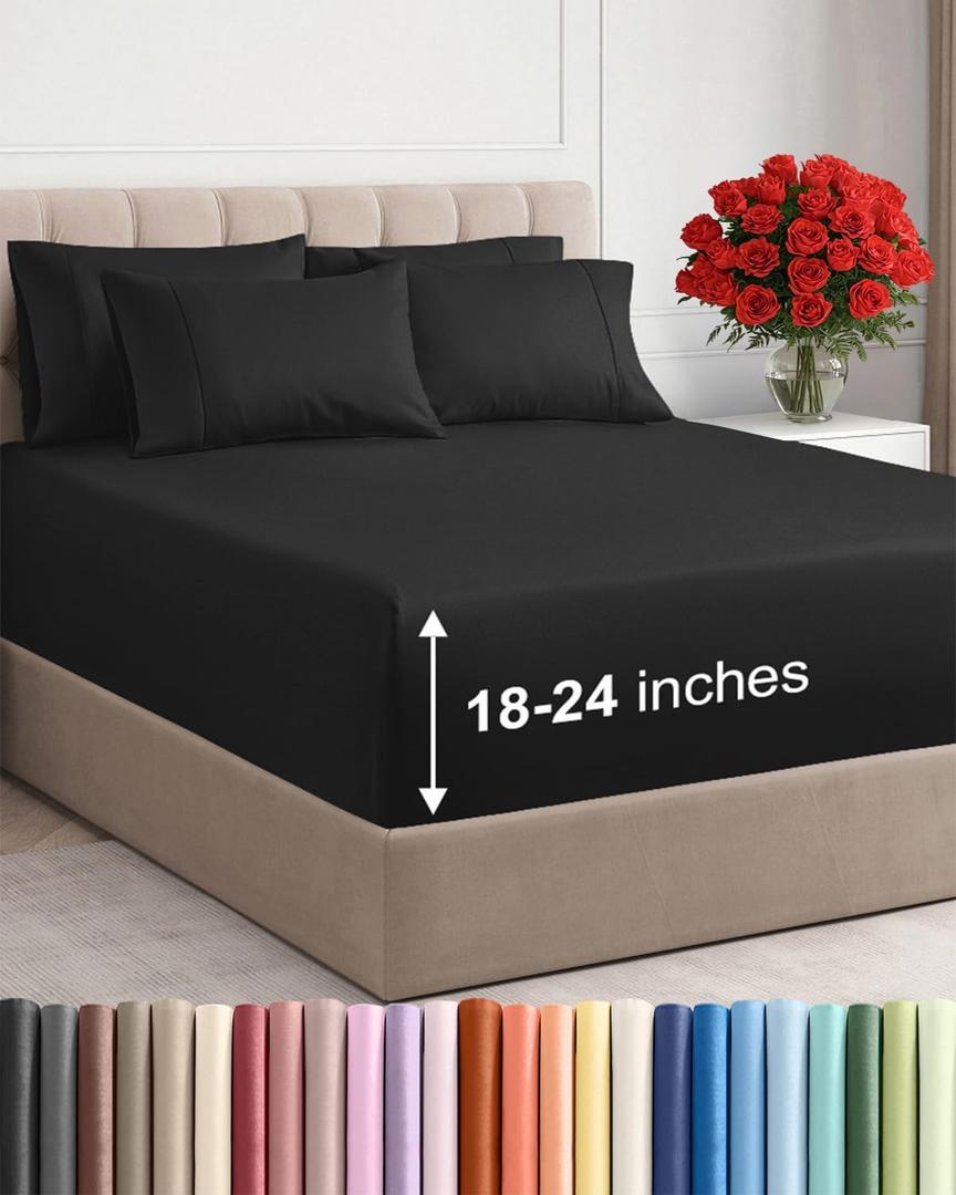 Extra Deep King Sheet Set - 6 Piece Breathable and Cooling Sheets - Hotel Luxury Bedding for Women, Men, Kids & Teens - Easy & Secure Fit - Soft, Wrinkle Free and Comfy - Extra Deep Pockets - Black