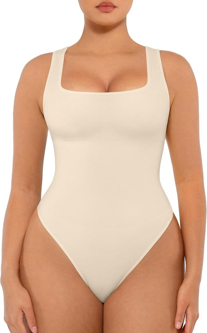 FeelinGirl Bodysuits for Women Seamless Square Neck Tummy Control Compression Thong Shapewear Bodysuit Tank Tops Bodysuit (Medium-Large, Buttercream)