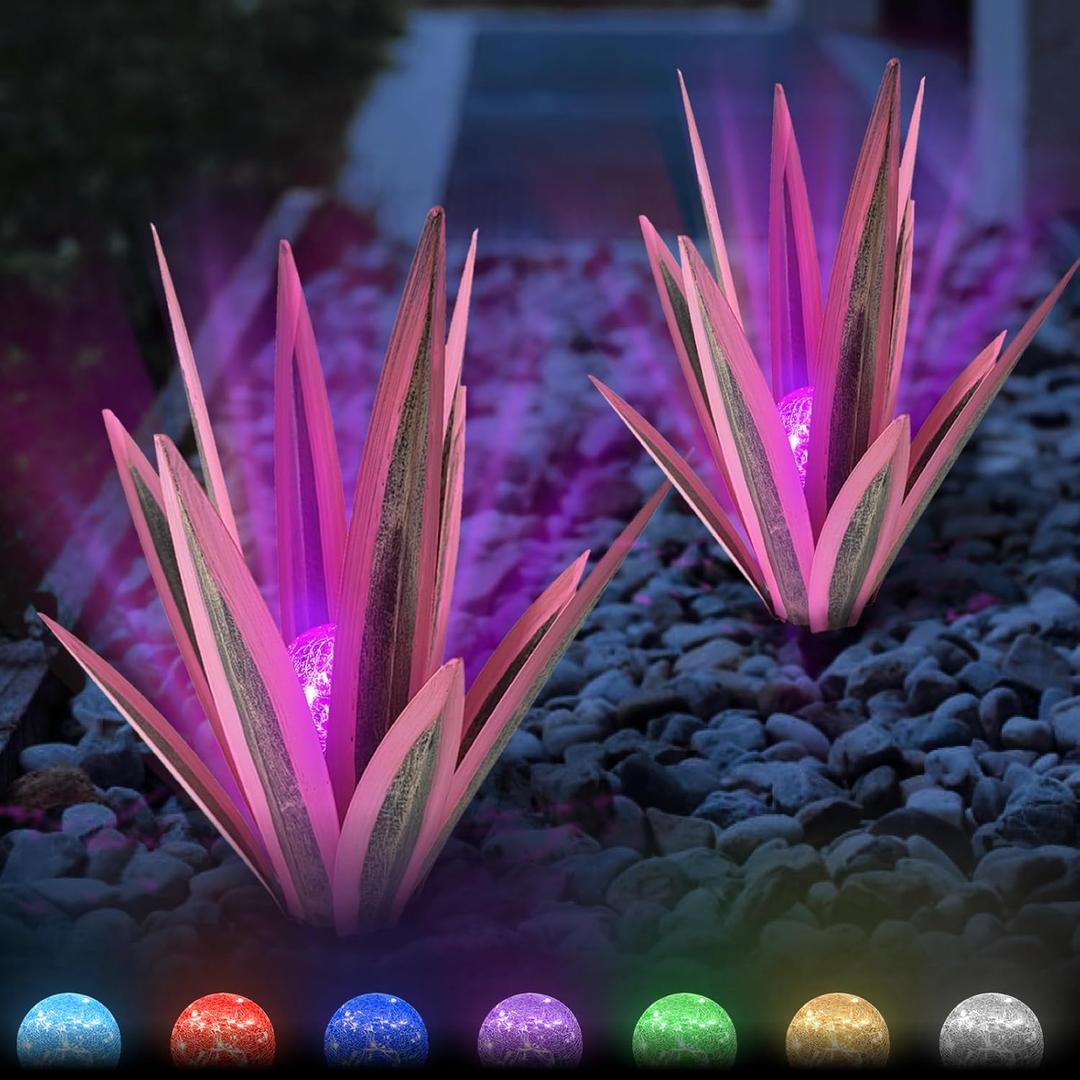 Outdoor Sculpture Metal Cactus Yard: Rustic Metal Agave Plants Decor Solar Light Patio Rustic Yard Art Outdoor Garden Clearance Large Front Yard Lawn Ornaments (Pink-2Pcs, Large-21.65Inch)