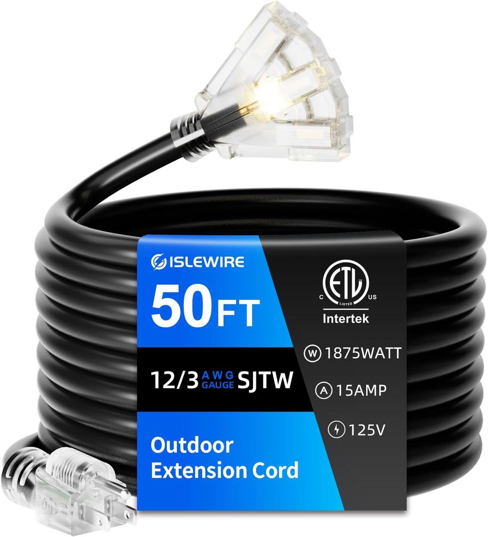 50 FT Outdoor Extension Cord with Multiple Outlets, 12 Gauge Heavy Duty Black Extension Cord Waterproof with 3 Outlet, 3 Prong Power Cord for Garden and Home Use Indicator Light, ETL Listed