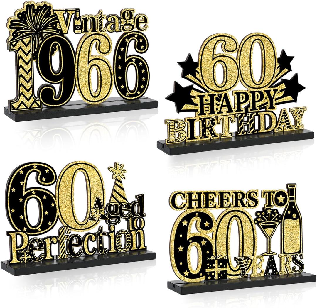 4 Pcs 60th Birthday Table Decorations Vintage 1966 Black Gold Birthday Party Centerpieces Aged to Perfection 60th Birthday Decorations Cheers to 60 Years Table Topper Wooden Decor for Men 60 Years Old